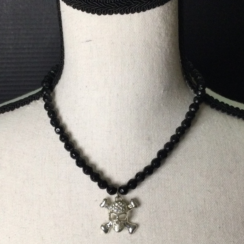 Black Beaded Necklace with Faux Diamond Encrusted Skull and Crossbones Pendant